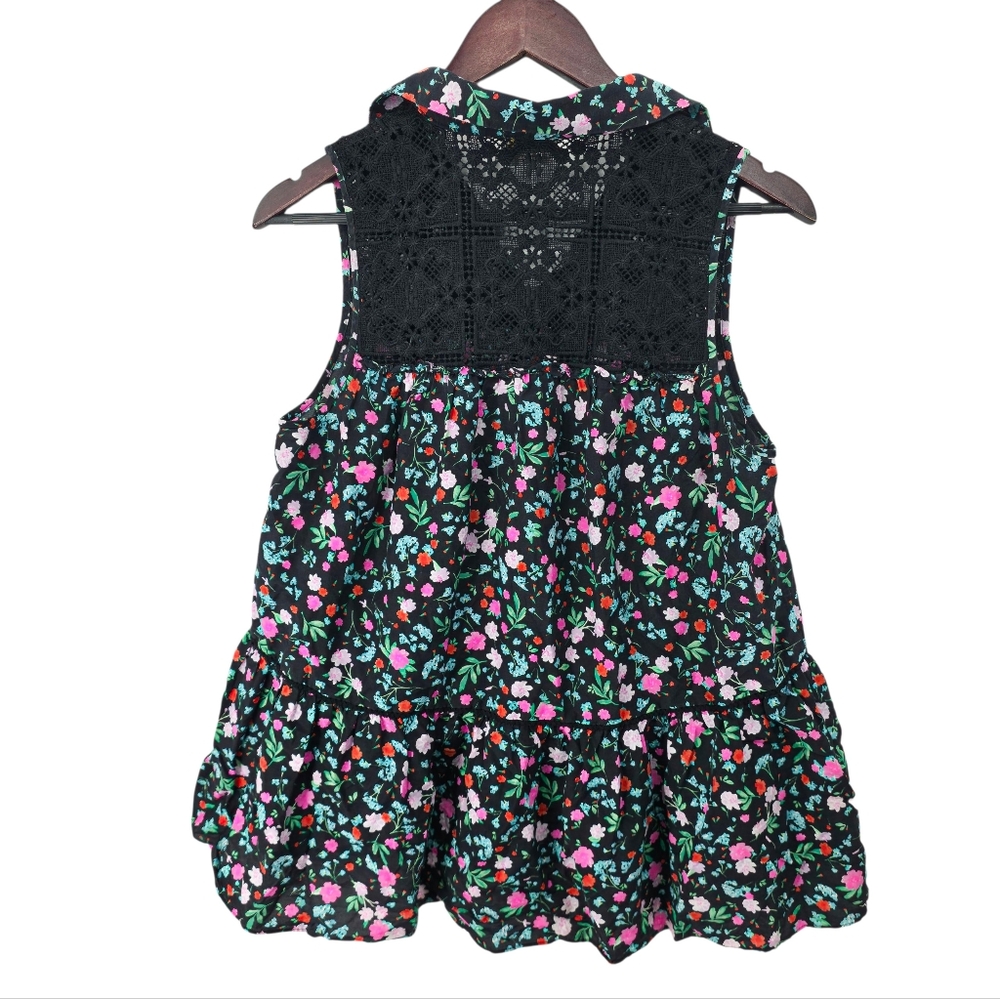 Kate Spade New York Top Black Floral Greenhouse Lace Yoke Tassels Boho Size L - Picture 6 of 12